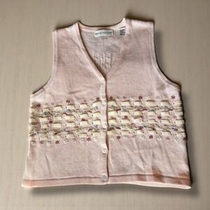 Marisa Christina Vintage Pink Embroidered Floral Ribbon Knit Sweater Vest Large